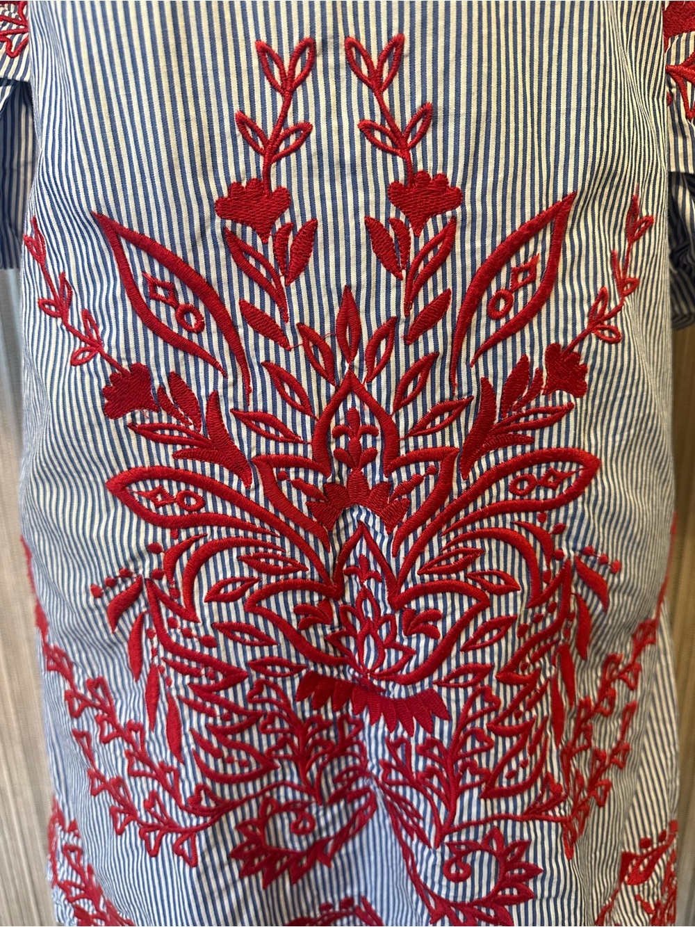 INC International Concepts Striped Embroidered Off Shoulder Dress Small Blue Red - Picture 8 of 11